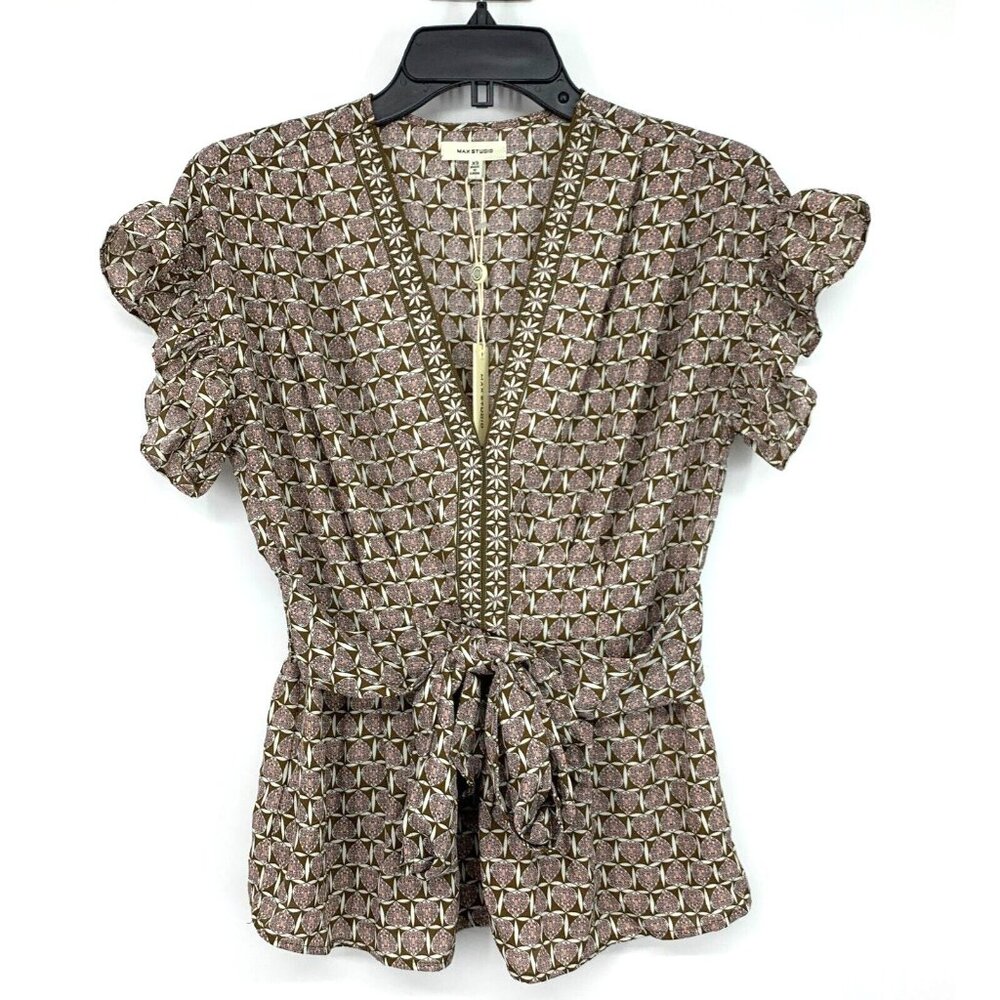 Max Studio Top Printed V Neck Tie Waist Blouse Ruffle Cap Sleeve